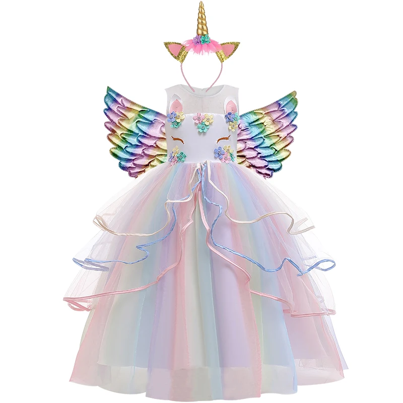 Unicorn Long Dress For Girls Unicorn Cosplay Costume Pageant Princess Party Birthday Long Gown with Unicorn Headband Wings