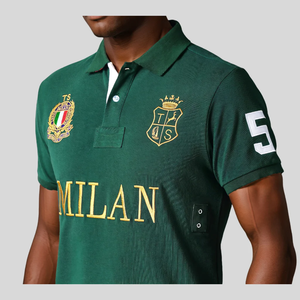 Herren Hochwertiges Baumwoll-Poloshirt ITALIEN GRÜN Baumwolle mit Gesticktem 'MILAN' Symbol Freizeit Sport Neujahrsgeschenk für Männer – Detail 3