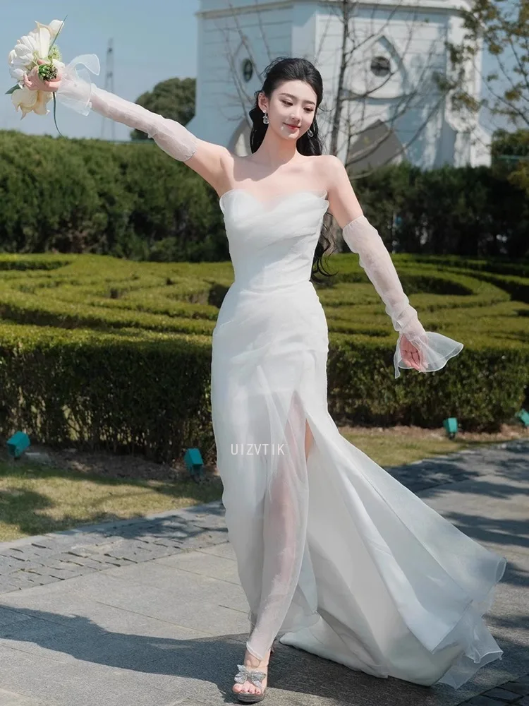 فساتين زفاف كورية بسيطة مثيرة بدون حمالات بدون ظهر فستان سهرة رسمي أنيق بطول الأرض على شكل حرف a فساتين زفاف مخصصة