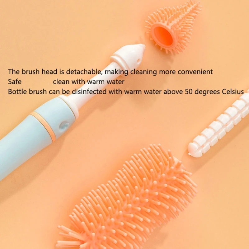 Safe Silicone Baby Bottle Washing Brush Set Detachable Head 360 Degree Rotating Easy Grip Handle for Home and Travel