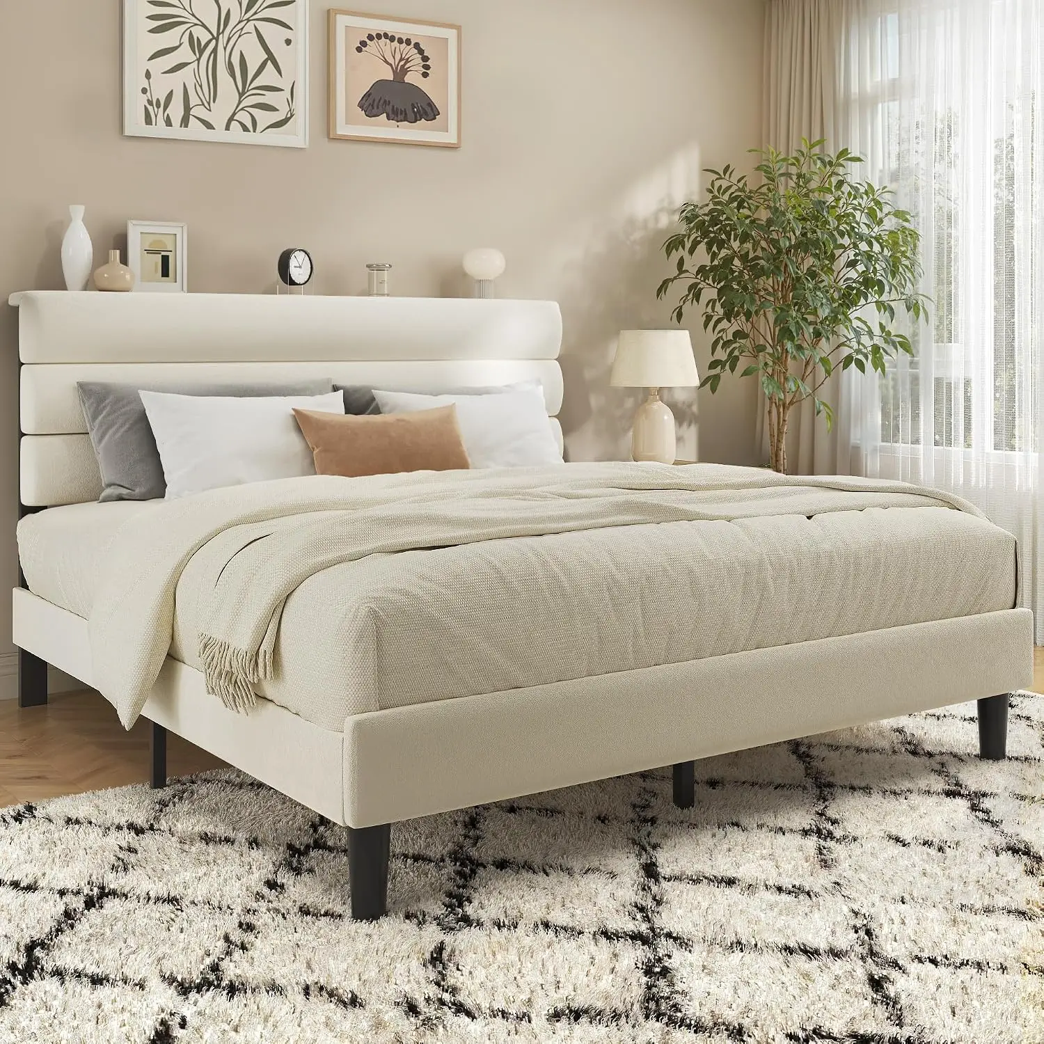 Queen Platform Bed Frame with Velvet Upholstered Headboard, No Box Spring Needed, Noise-Free Metal Support, Beige - view 7