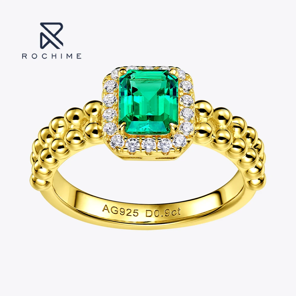 Rochime Lab Grown Emerald Rings S925 Silver Gold Plated Fine Jewelry 18k Gold Manufacturing Fast Drop Shipping Ring For Women