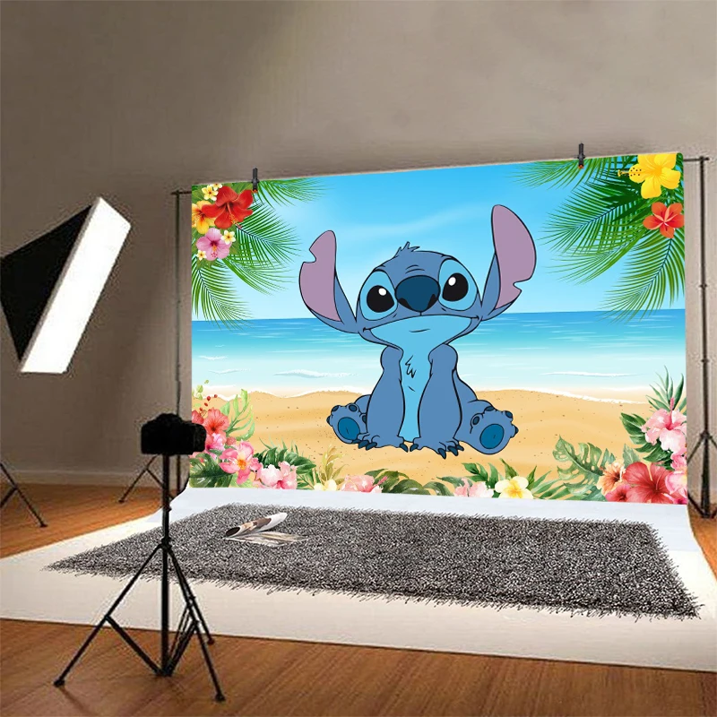 Disney Stitch Backdrop Birthday Boy Baby Shower Decorations Beach Summer Cartoon Party Photography Background Photo Props Banner