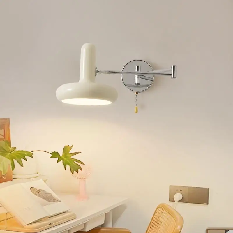 Bauhaus Swing Arm Reading Lamp Cream Nordic Design with Switch for Bedroom Study Living Room