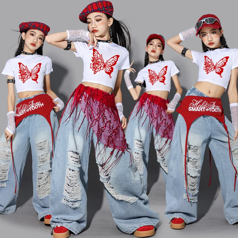 

Комплекты одежды для девочек: укороченный топ с бабочками в стиле K-pop, брюки карго, уличные наряды для подростков, хип-хоп, джаз, для девичьих групп
