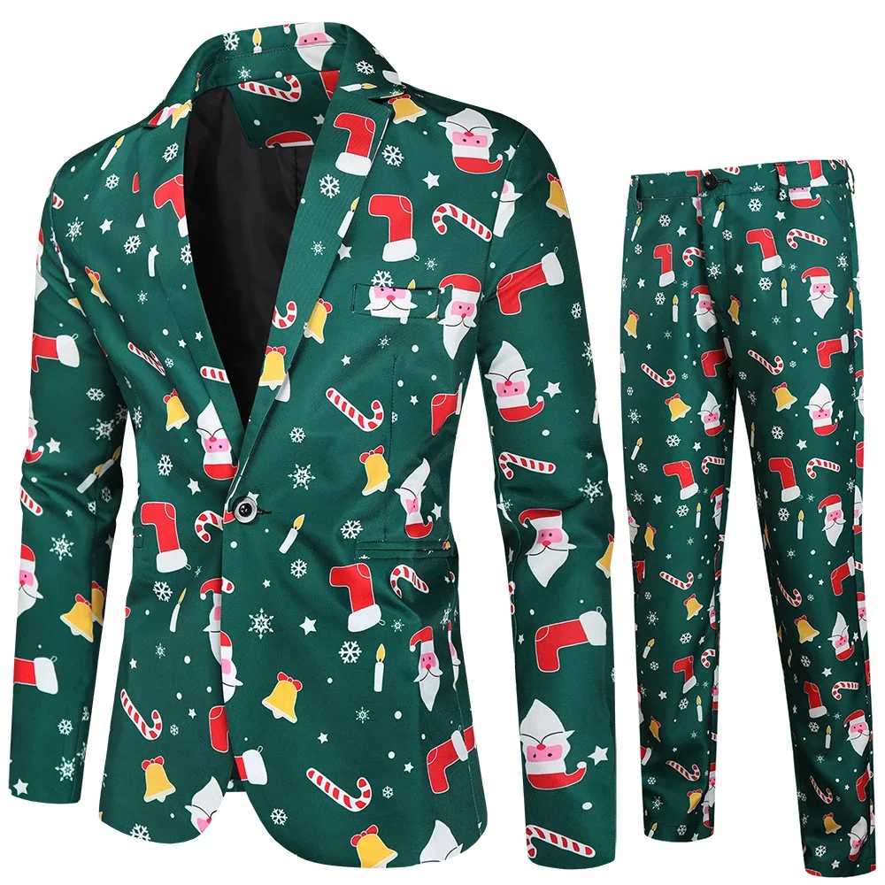 X-mas Snowflake Printing Mens Suit Sets Fashion Party Stage 2 Piece Suits for Men Blazer and Pants Christmas Costume Clothes 4XL