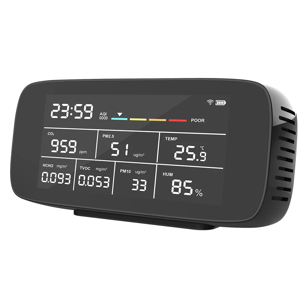 เครื่องวัดคุณภาพอากาศอัจฉริยะมัลติฟังก์ชั่น Tuya WiFi ตรวจจับ HCHO/TVOC/PM2.5/PM10/CO2/อุณหภูมิและความชื้น รองรับ ODM/OEM