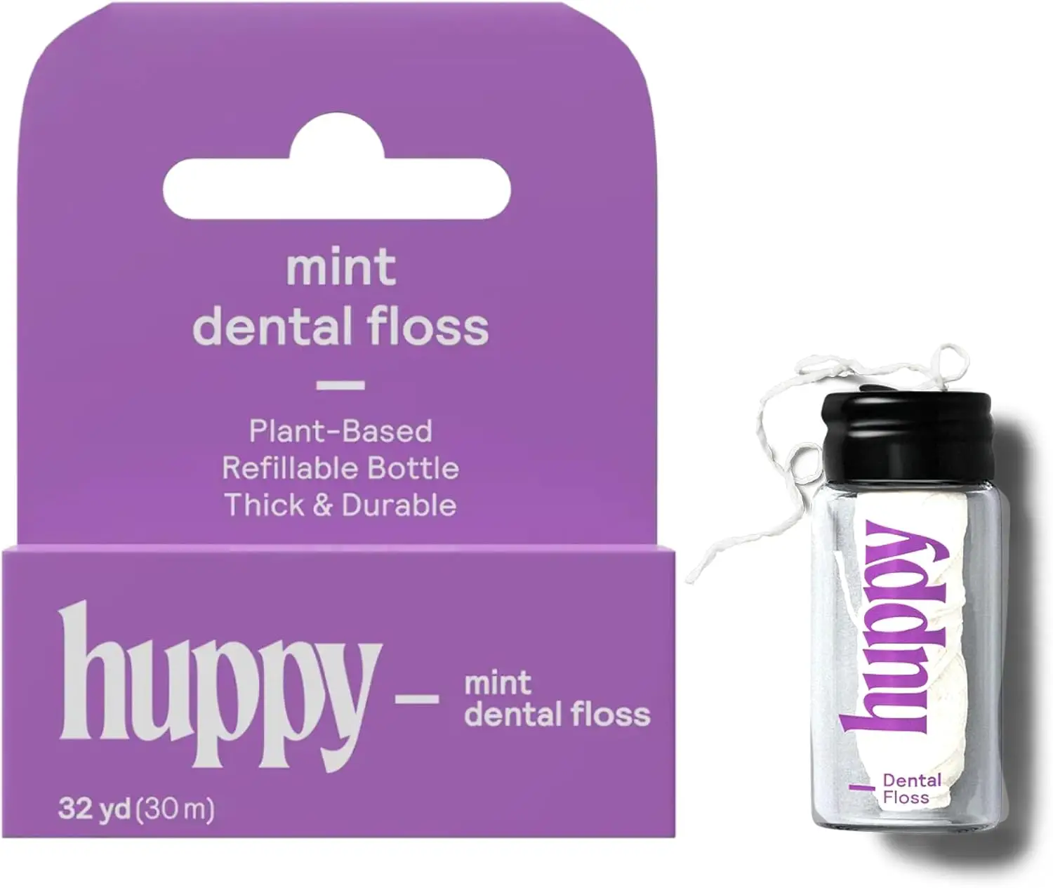 Compostable Vegan Dental Floss in Refillable Glass Jar, Peppermint Scent, Strong & Gentle for Sensitive Gums, Eco Oral Care