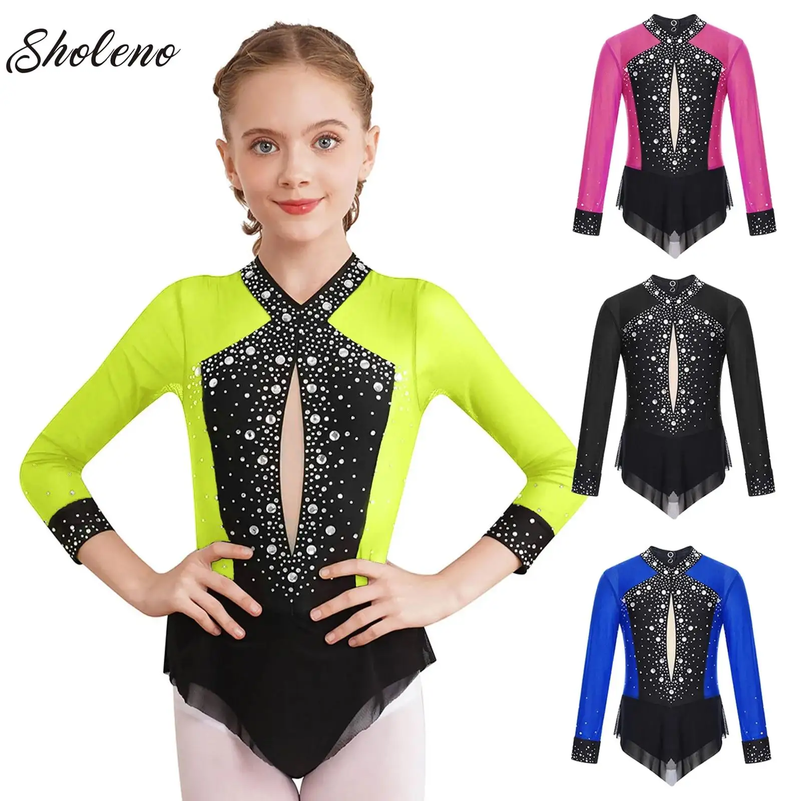 

Kids Girls Gymnatics Jersey for Ballet Dancing Sparkly Rhinestones Skirted Bodysuit Figure Skating Stage Performance Costume