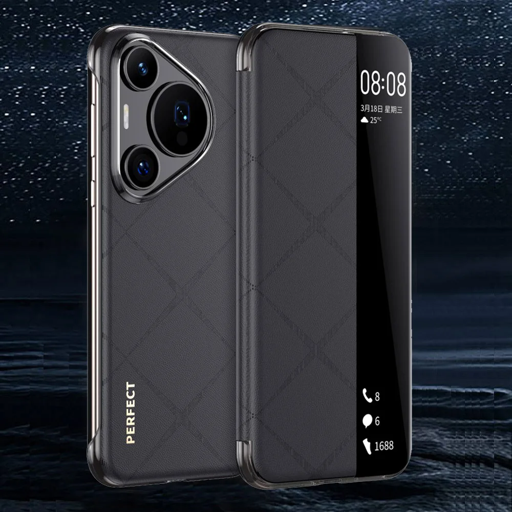 

Genuine Leather Case For Huawei Pura 70 Pro Case Pura 70 Ultra Intelligent Window View Phone Protector For Pura70 Pro Plus Cover