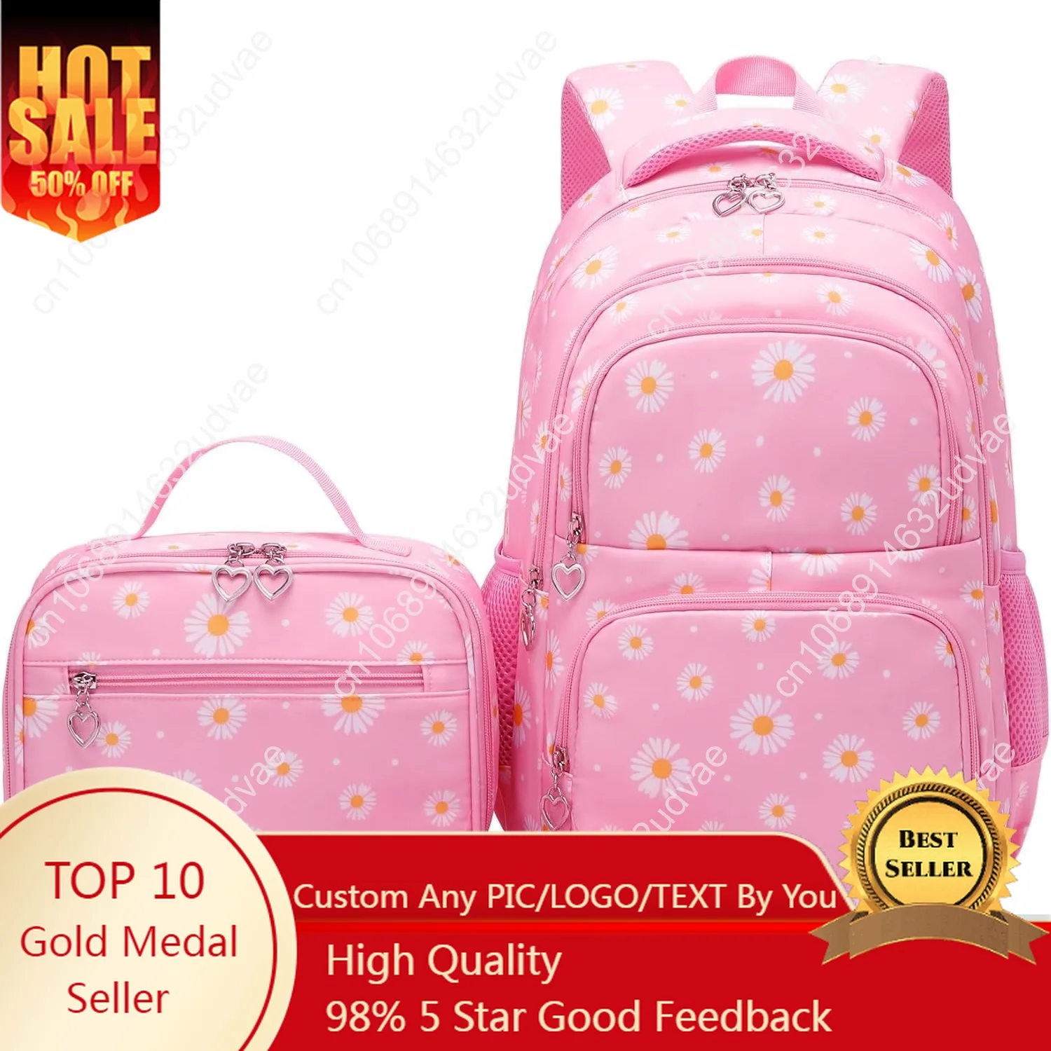 EKUIZAI 3Pcs Daisy Prints Backpack for Girls Bookbag set Primary School Daypack Elementary Students Knapsack with Lunch Box
