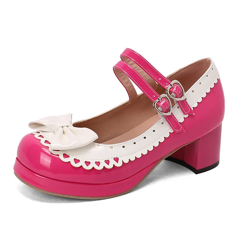 Sweet Gothic Lolita Mary Jane Shoes Women Patent Leather Color Block Bow Laser Cut Platform Mid Block Heel Pumps Plus Size