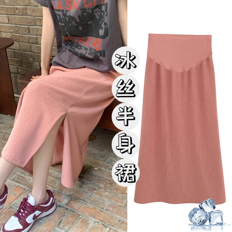 

Summer Maternity Skirts Ice Cool Side Splits Pencil Bottoms Clothes for Pregnant Women Elastic Waist Belly Pregnancy Casual