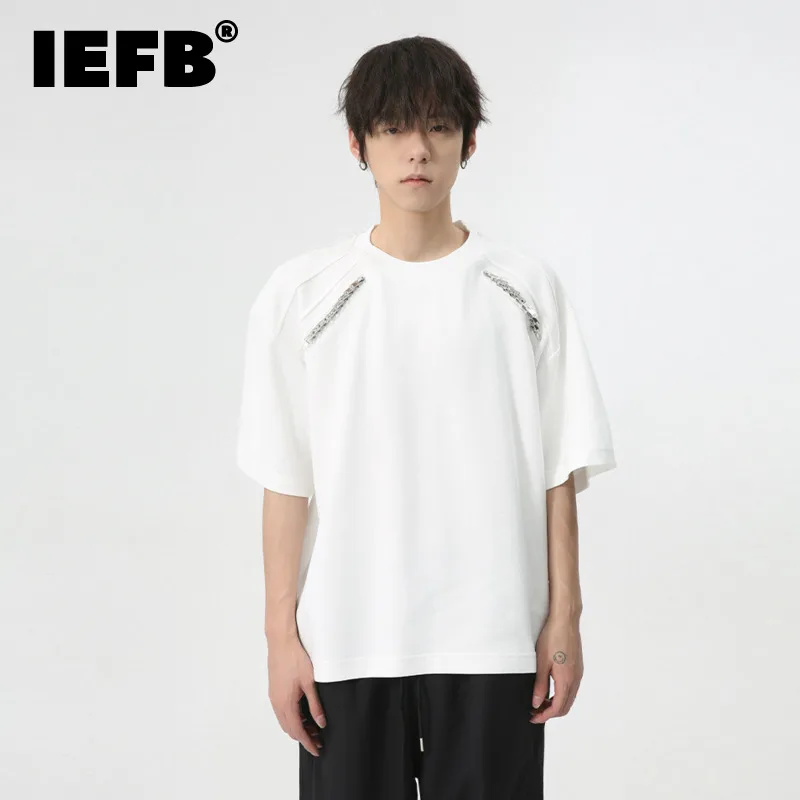 

IEFB New Trend Men's Tops O-neck Short Sleeve Loose Male T-shirts Metal Zipper Decoration Spliced Shoulder Pad Summer 2024 C6272