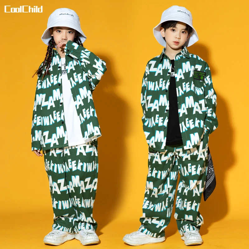 Boys Hip Hop Green Printed Shirt Joggers Girls Letters Blouse Street Dance Loose Pants Child Jazz Clothes Sets Kids Streetwear