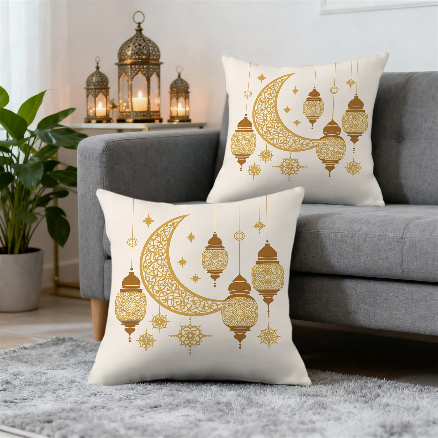 2 Stück Goldene Gemusterte Halbmond-Ramadan-Kissenbezüge mit Sternen, Ramadan-Kissenhülle, Heimdekoration für Sofa und Couch