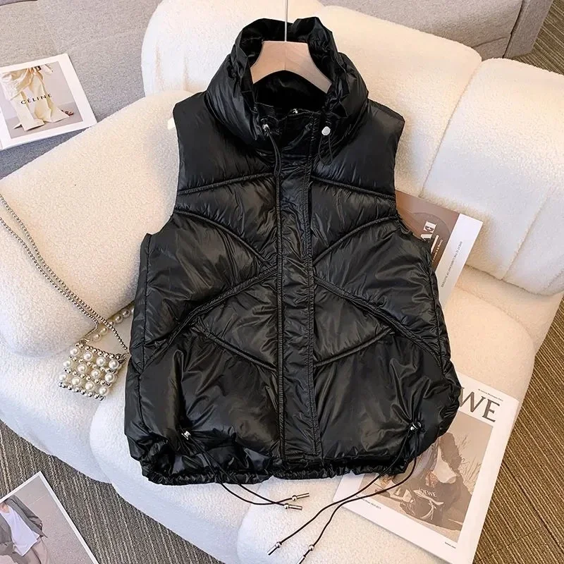 Women\'s Windproof Winter Vest Casual Cotton Puffy Chalecos Short Sleeveless Down Jackets Fall Warm Lace Up Black Padded Parkas