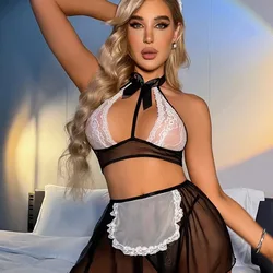 Women Cosplay Maid Outfit Sexy Lingerie Transparent Bra Set Erotic Costumes Role Play Maid Uniforms Sexy Underwear