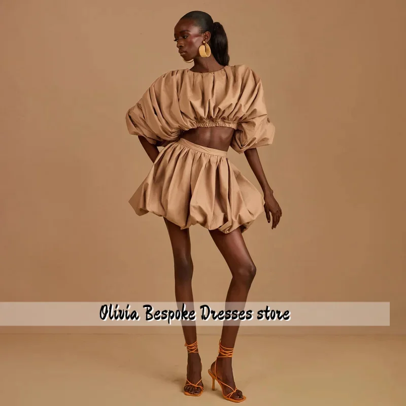 Beautiful Khaki Two-Piece Mini Dress with Pleated Taffeta Crop Top and Bubble Skirt Set, 2 Pieces, Suitable for Cocktail Parties