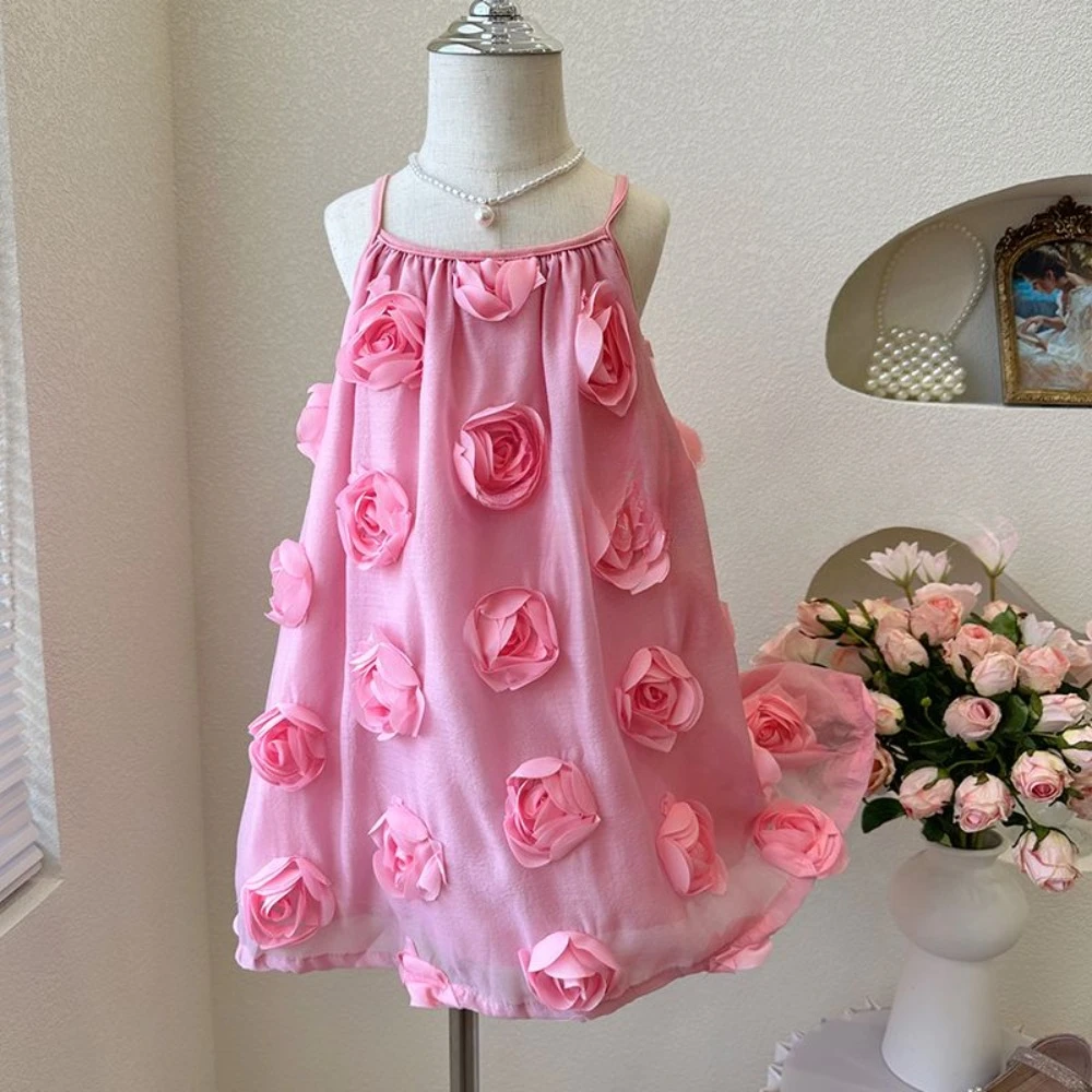 Bear Leader 3D Flower Decoration Princess Dresses Summer Suspender Girls Dress Wedding Birthday Party Sweet Children's Clothing