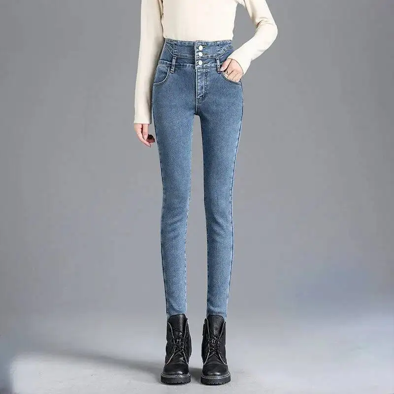 Jean en velours épais pour femme, mode coréenne, taille haute, slim, pantalon épais, chaud, extensible, crayon, Denim, hiver