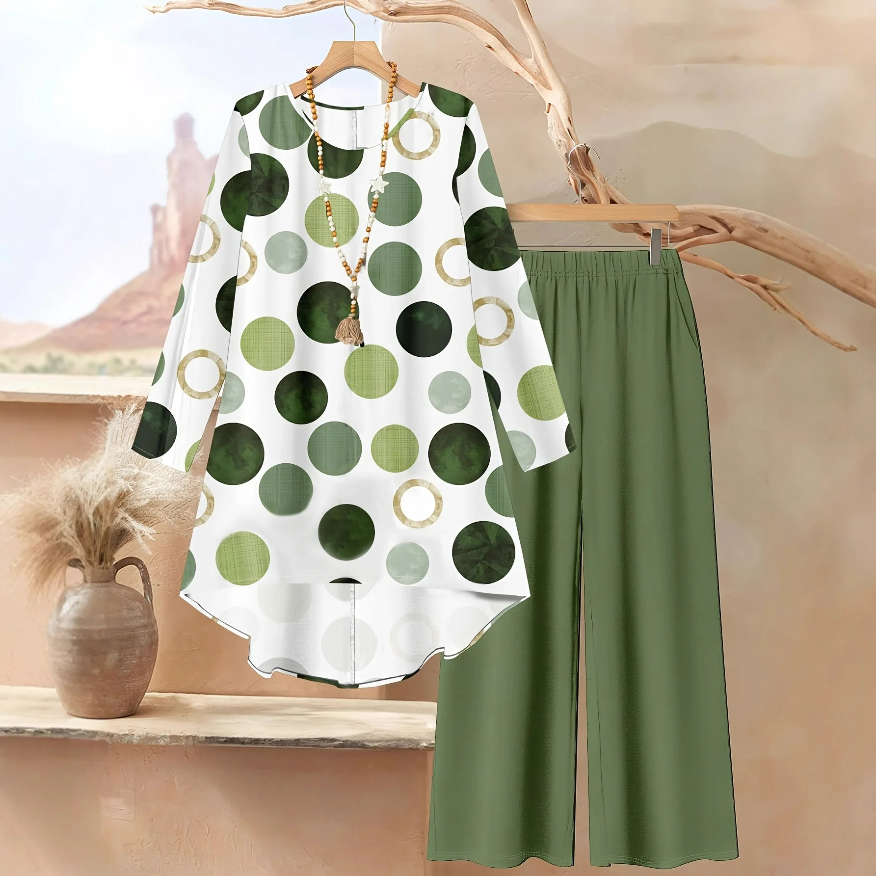 Женский комплект 2025 года с принтом в горошек, элегантный повседневный свободный топ с длинными рукавами и брюки с принтом, комплект из двух предметов