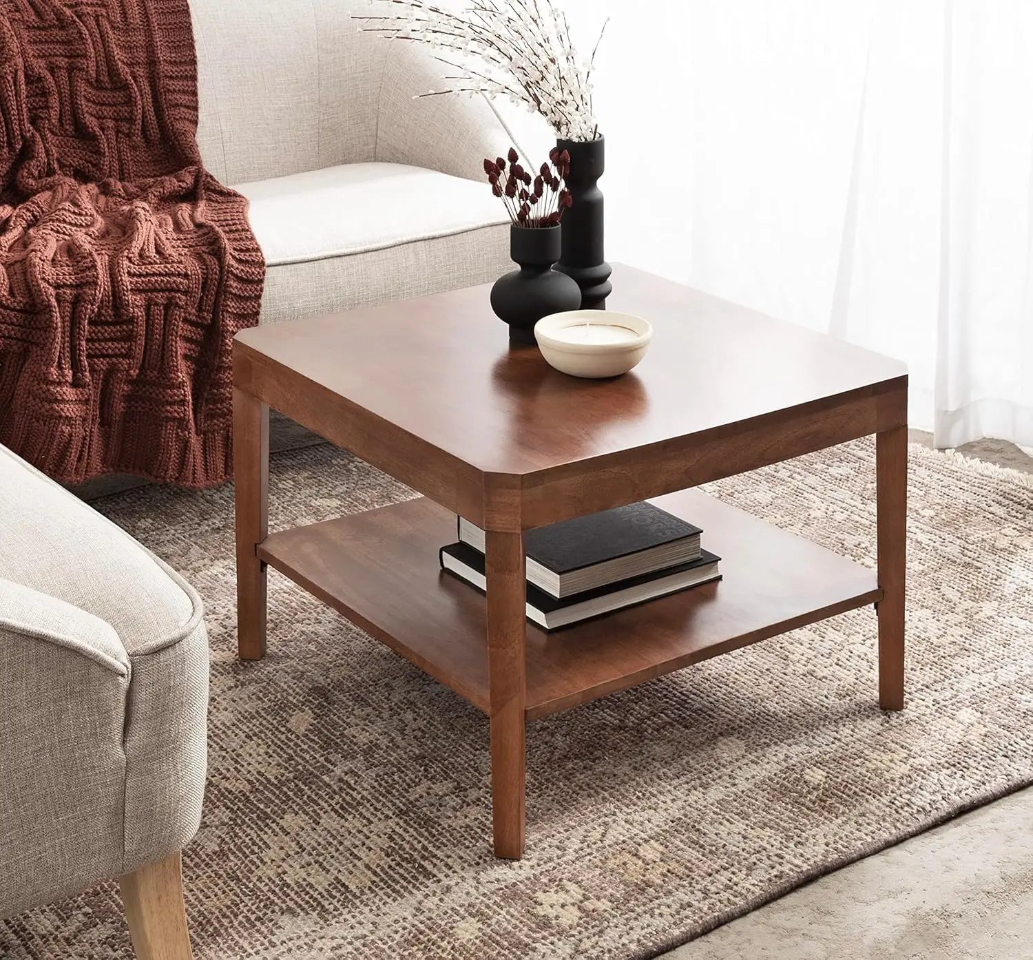 Kate And Laurel Talcott Modern Tiered Square Coffee Table, 26 X 26 X 18, Walnut Brown, Transitional Two-Tier Rectangular Living