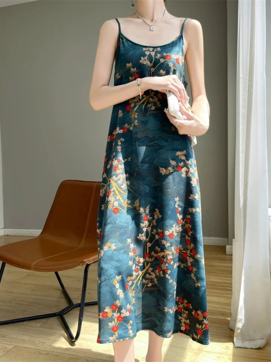 Retro Chinese Sle Floral Print One-oulder Strapl A-Line Dr Summer Bal Commute Casual High Waist Long Skirt