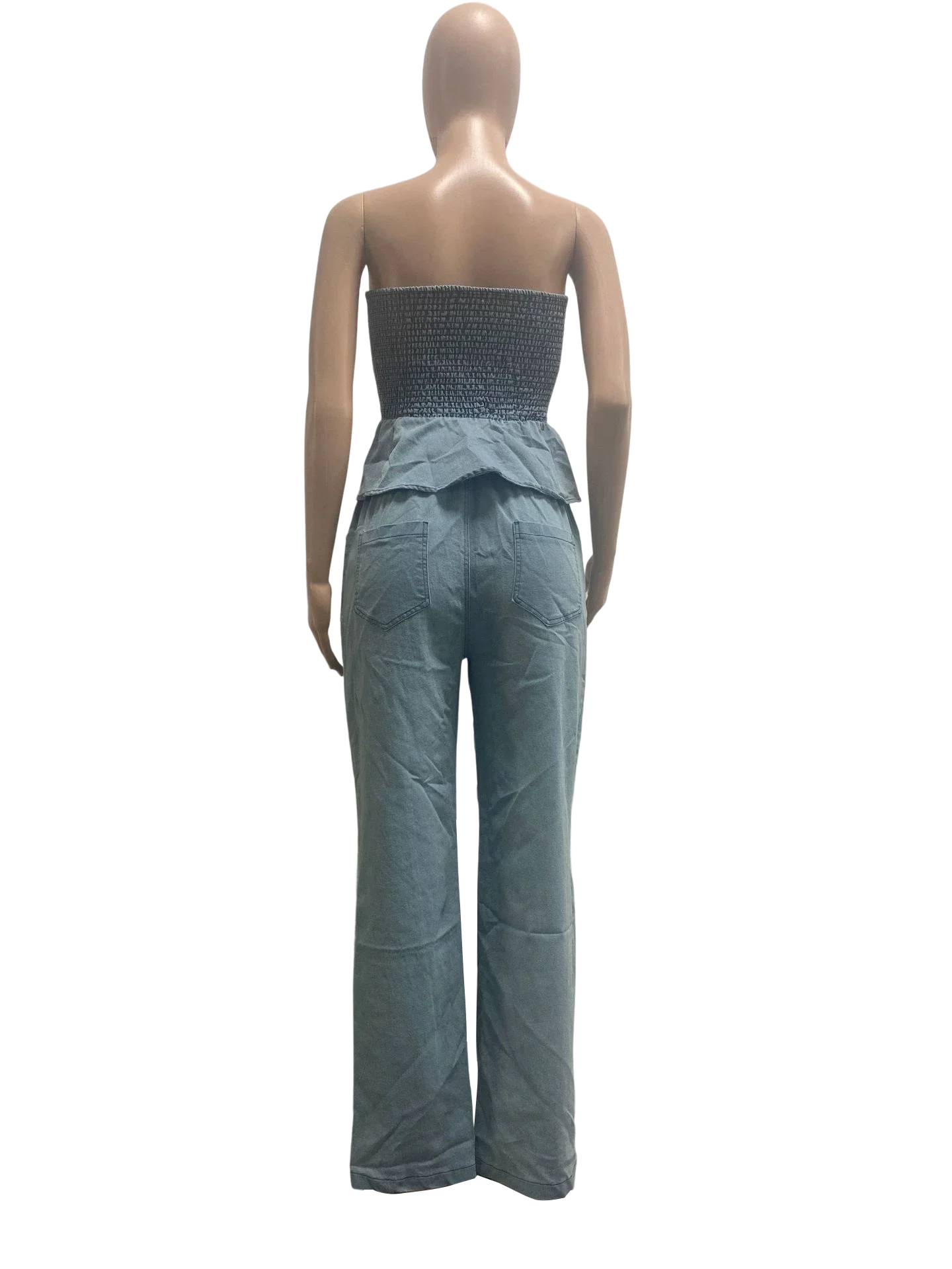 Moda europeia e americana casual babados tubo top jeans stretch sexy terno de perna larga