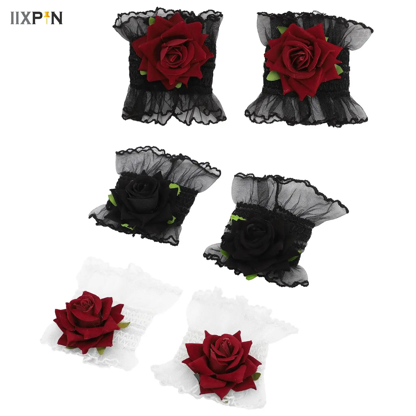 

Lolita Short Hand Sleeve Gloves Lace Rose Flower Wrist Cuffs Ruffled Floral Elastic Bracelet Women Cosplay Clothing Wristband