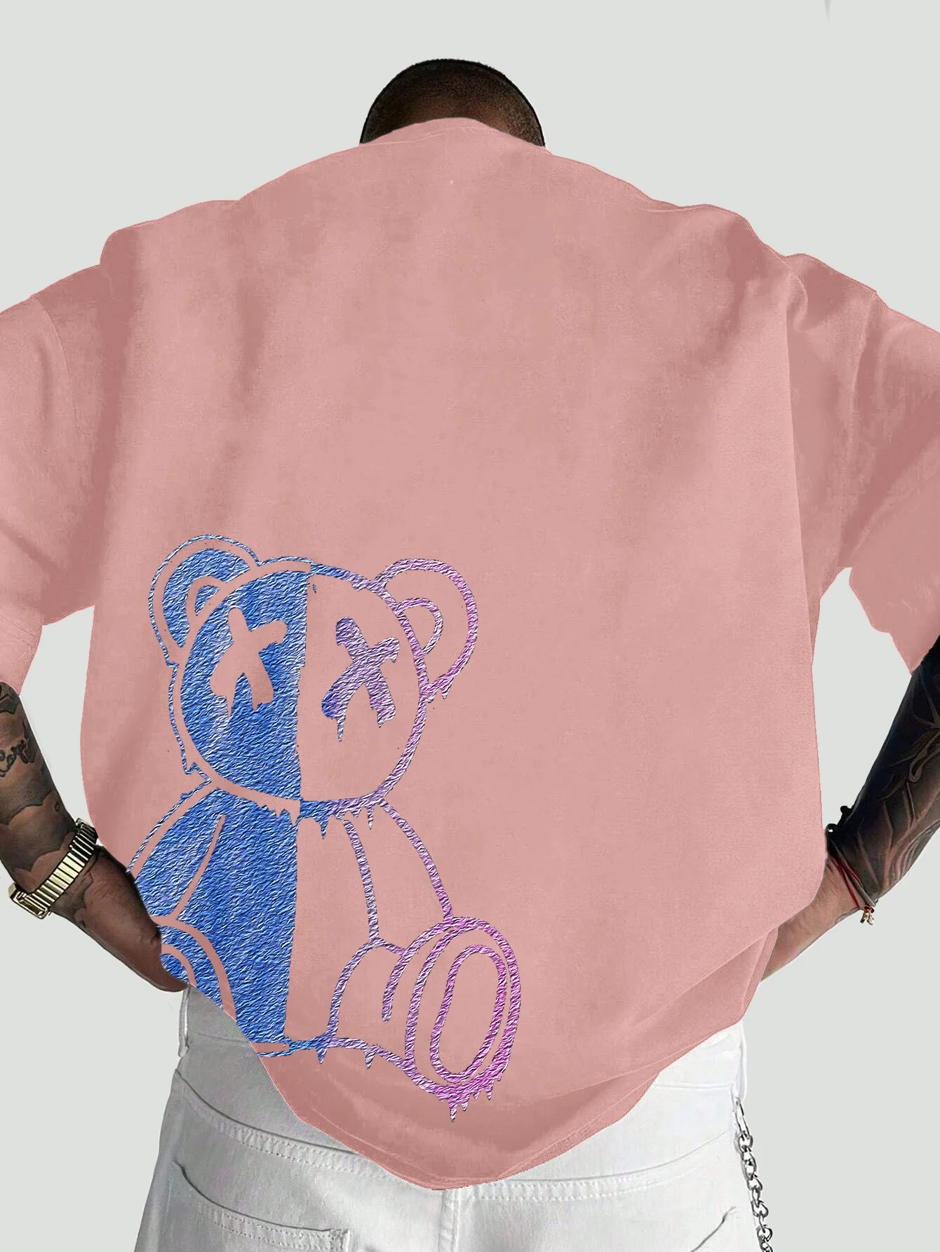 Men Pink Oversized T-Shirt Gradient Drip Split X Eyes Bear Graphic Back Print Y2K Streetwear Summer Tee