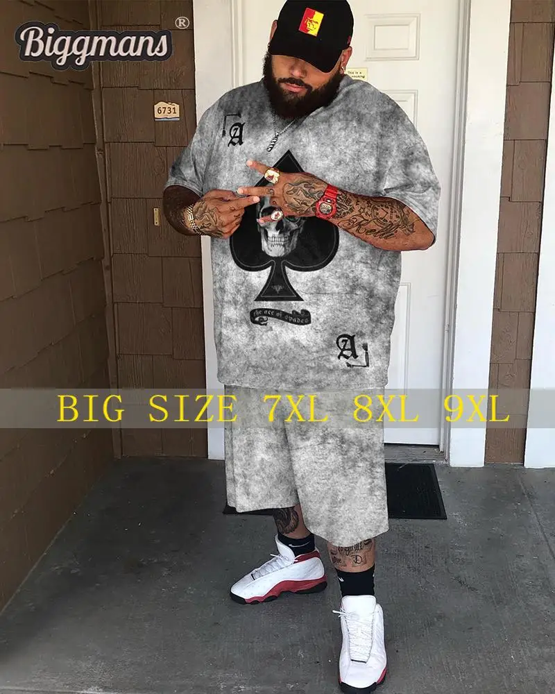 Biggmans Plus Size for Men\'s T-Shirt Clothing Poker Queen A Print Casual Sleeve Pattern Gray Short Sleeves Big and Tall L-9Xl