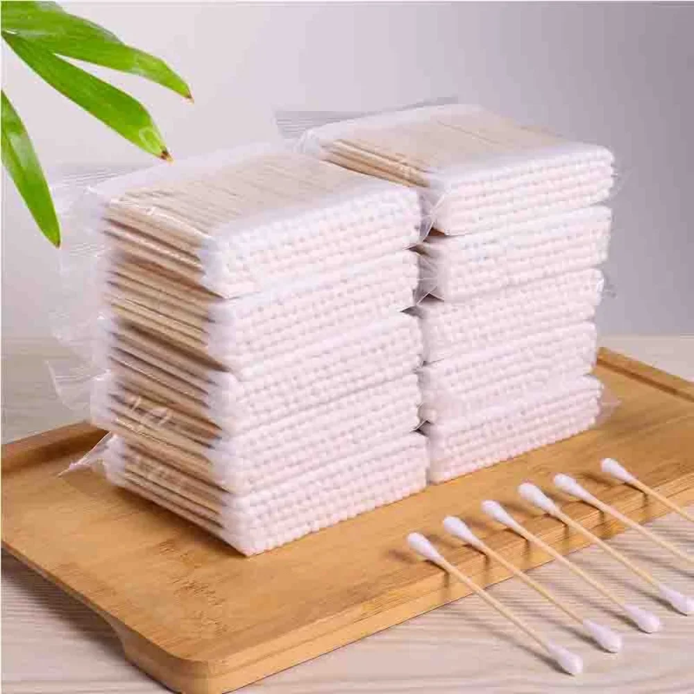 Großhandel 100 Stück Wattestäbchen aus Holz, Wattestäbchen, doppelspitige Wattestäbchen, chlorfrei, hypoallergen, Make-up-Werkzeuge – Detail 2