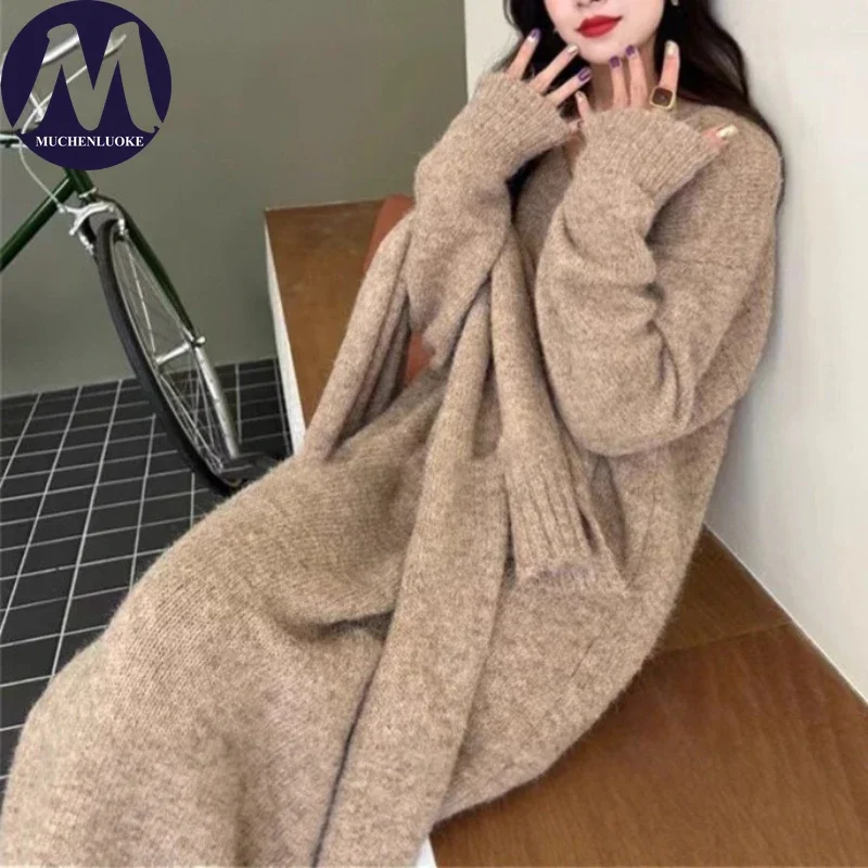 우아한 브이넥 니트 스웨터 드레스 여성용 다용도 가을 겨울 롱 캐주얼 루즈 패션 한국 스타일 스카프 포함
