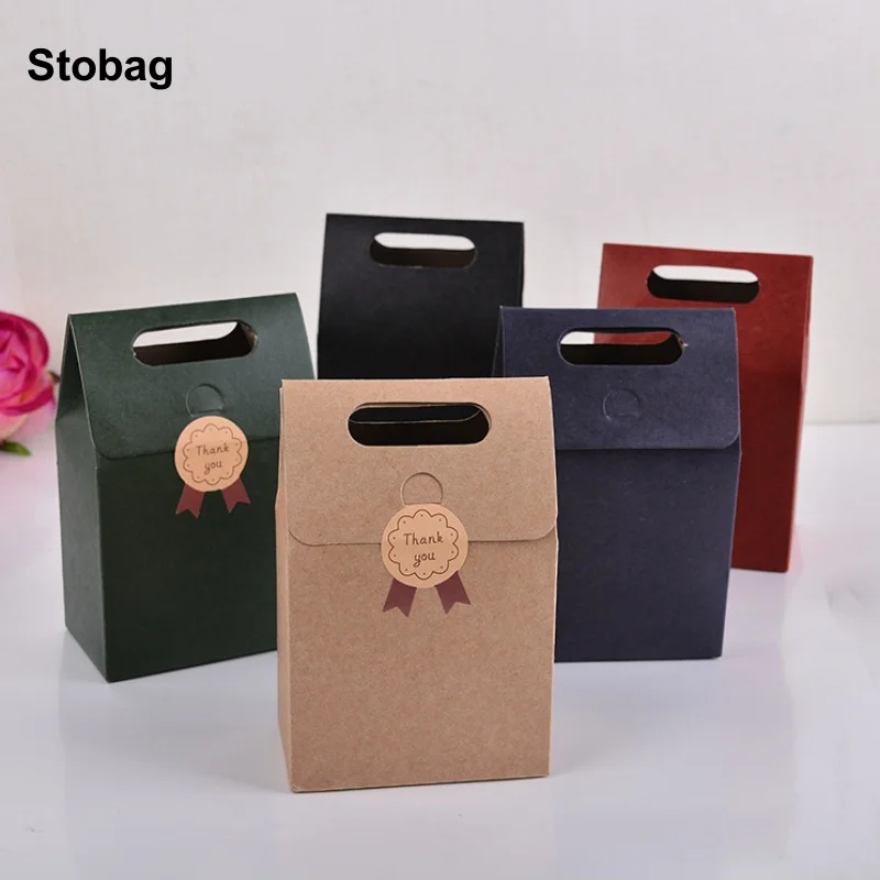 

StoBag 12pcs Kraft paper Gift Box Color Packaging with Handle Cake Candy Food Storage Baking Gift Birthday Party Favor Wedding