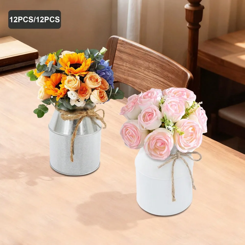 

Vase With Hemp Rope Bow Milk Can Shape Table Centerpiece Rustic Buckets Wedding Party Home Decor 9.5*13 Cm
