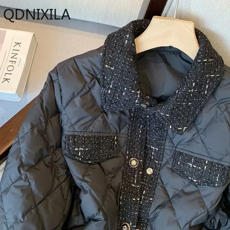 Xiaoxiangfeng-Chaqueta acolchada negra de celosía para mujer, Parkas de invierno, abrigos nuevos, temperamento retro, abrigo corto delgado y ligero