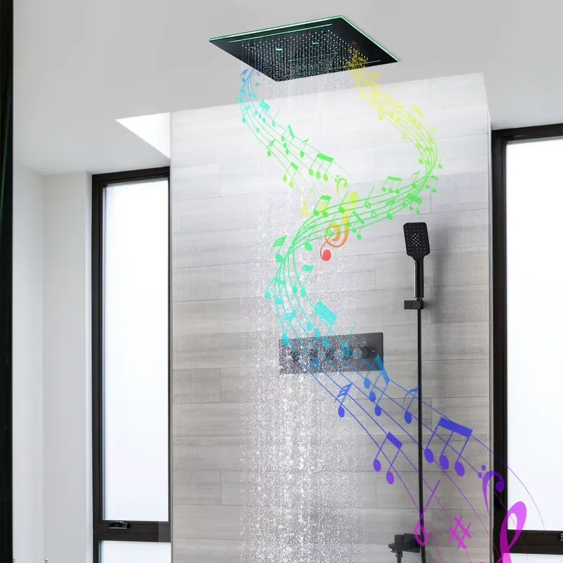 Music Shower Faucets 16'' Ceiling LED Electric Shower Black Thermostatic Valve 4 Functions Rainfall Mist Waterfall