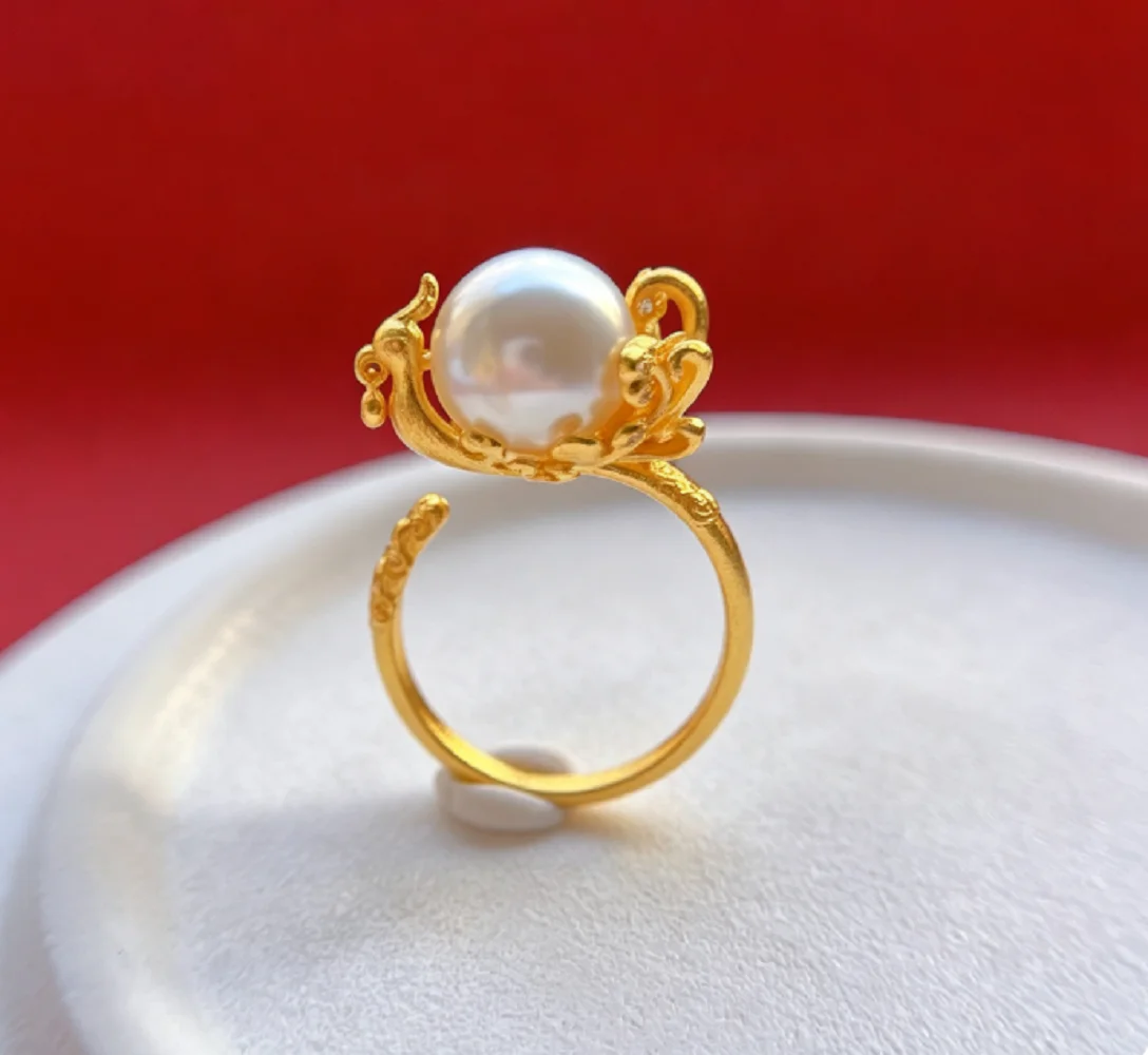 S925 Ancient Silver Gold Plated Carving Ring Natural Pearl AAAA12-13mm