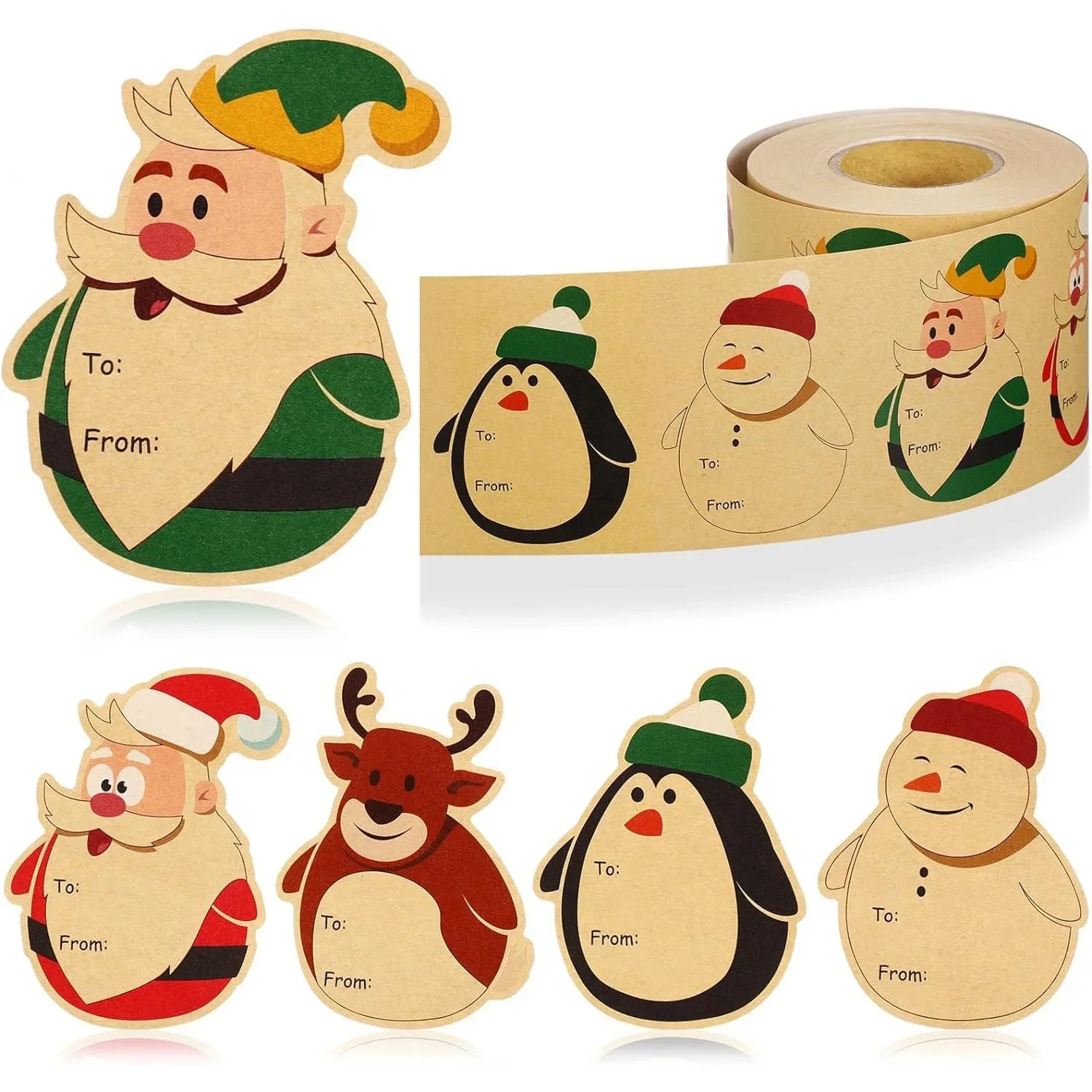 200Pcs Christmas Gift Labels Stickers Cartoon Kraft Paper Stickers Self-Adhesive Christmas Tags Use for Xmas Gifts Wrap Decor