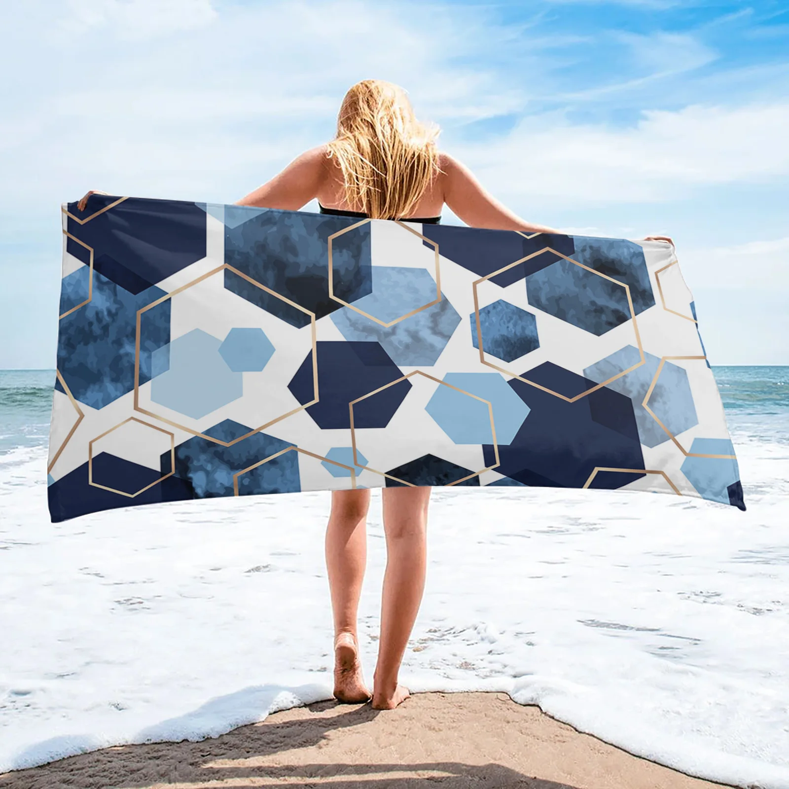 

Blue Gold Geometric Texture Quick Dry Microfiber Bath Towel Beach Blanket For Adults Kids Outdoor Picnic Blanket