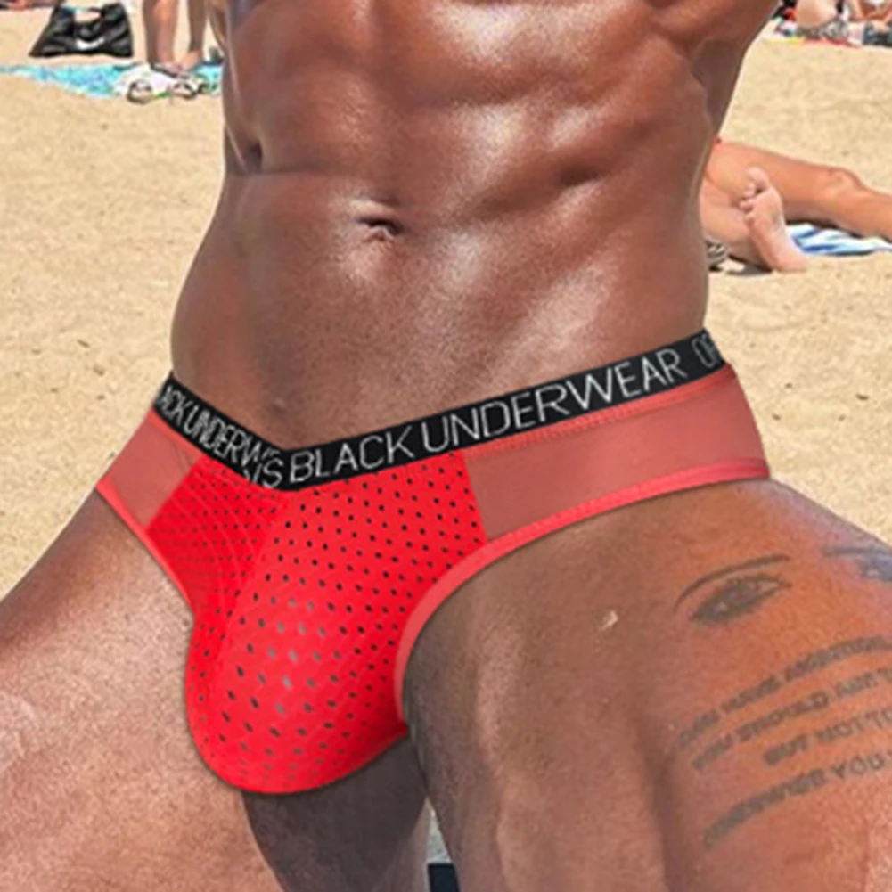 For Sleep For Sports Mesh Pouch Low Waist Underpants Breathable Gym Underpants Erotic Underwear Red Hollow Out