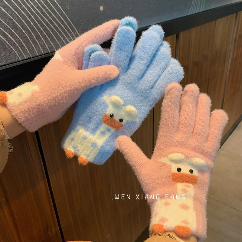 Touchscreen Cartoon Thermal Gloves Women\'s Winter Thickened Cute Couple Student  Knitted Wool Riding Five-finger Women\'s Gloves