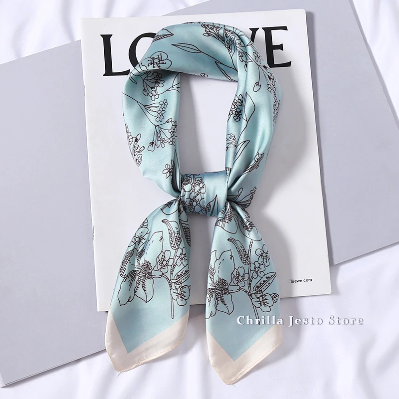 Spring Autumn Ladies Business Wear Decoration Flower Printed 70cm Small Square Handkerchief Gift Soft Imitated Silk Scarf