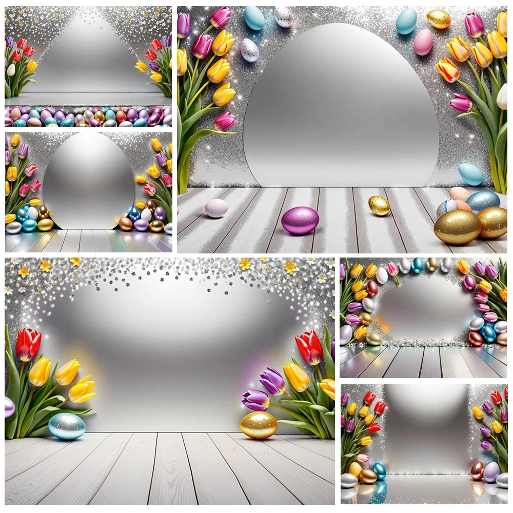 

MOON.QG Silvery Easter Background Sparkling Silver Wooden Plank Tulips Backdrop Photocall Birthday Photography Photoshoot Decor
