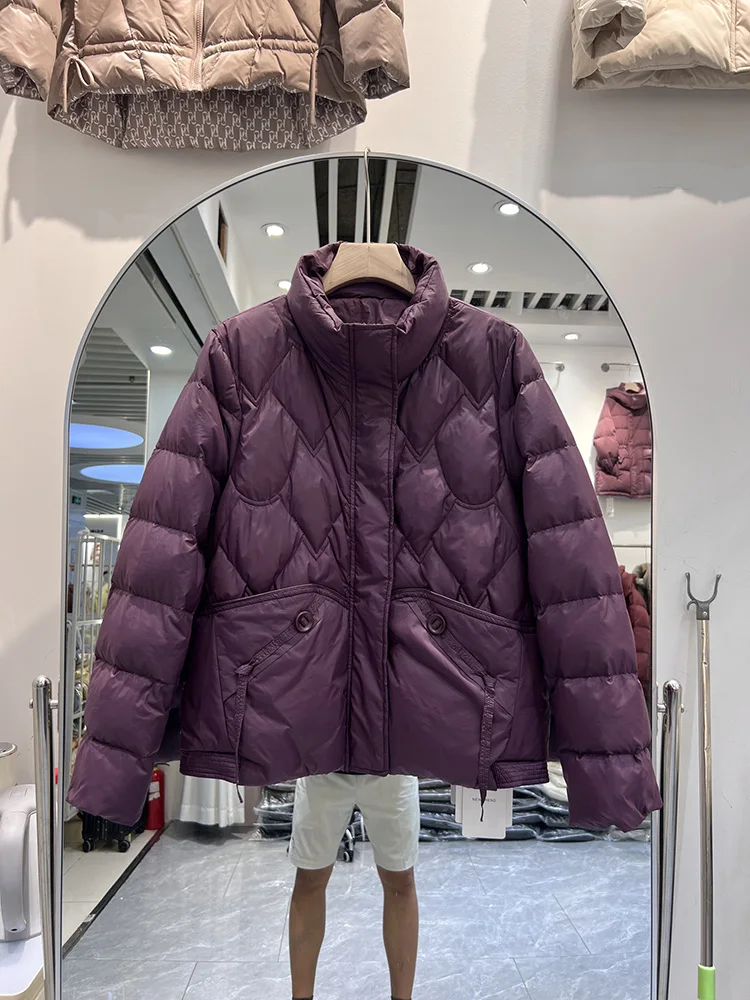 سترة نسائية شتوية خفيفة جديدة فضفاضة بياقة واقفة وتصميم صدر واحد سترة عصرية دافئة قصيرة الطراز