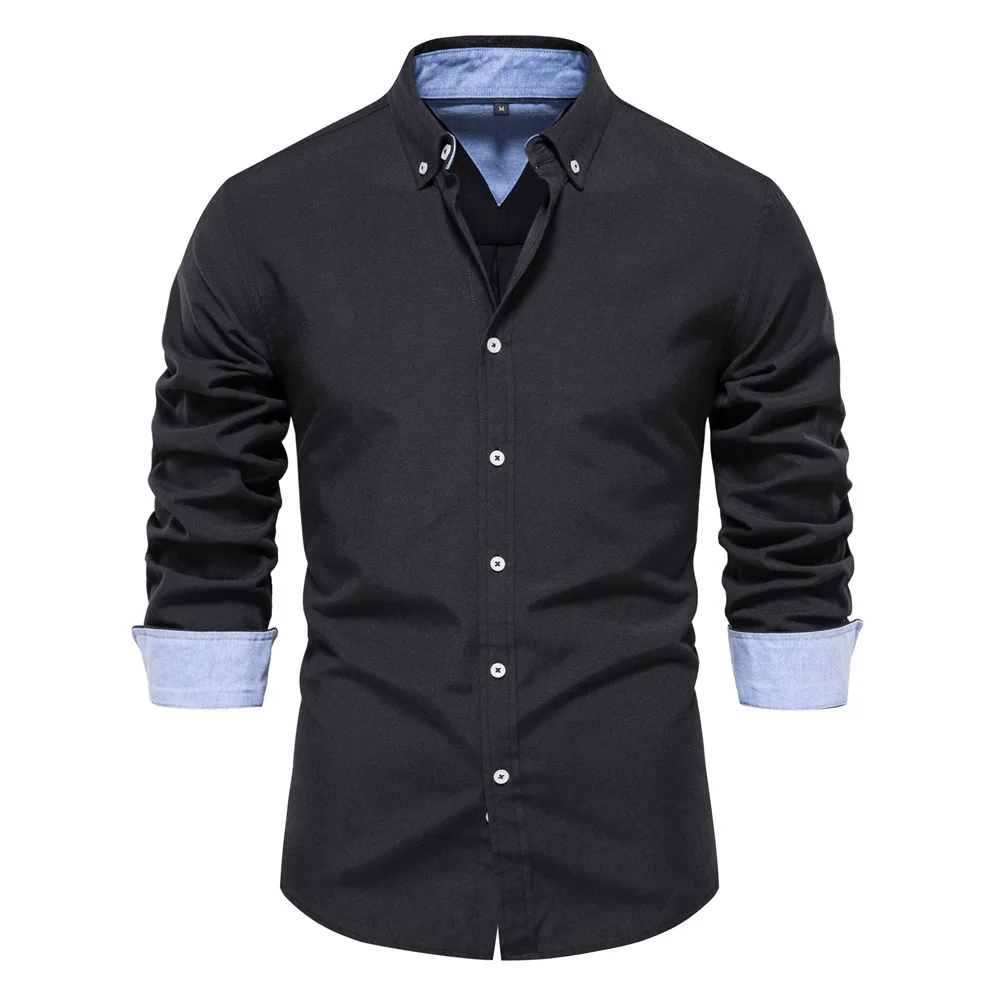 Camisas Oxford de manga comprida masculina, cor sólida, gola virada para baixo, roupas casuais, blusa masculina 70% algodão, primavera, outono