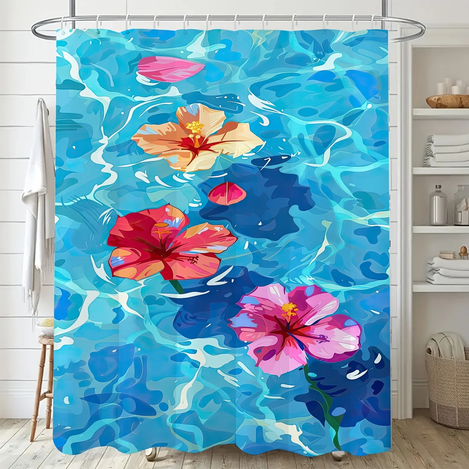 

1 шт. Занавеска для душа с ярким цветочным принтом - синий акварельный дизайн с розовыми, оранжевыми и красными цветами, белая кайма, полиэстер