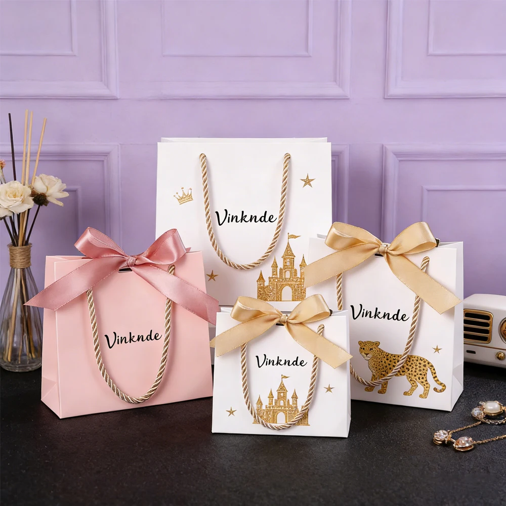 

Подарочные пакеты с ручками 14x6x12 см с индивидуальным логотипом, бумажные сумки-тоут для свадебных и праздничных подарков, с бантом и лентой, для украшений, мыла, парфюмерии