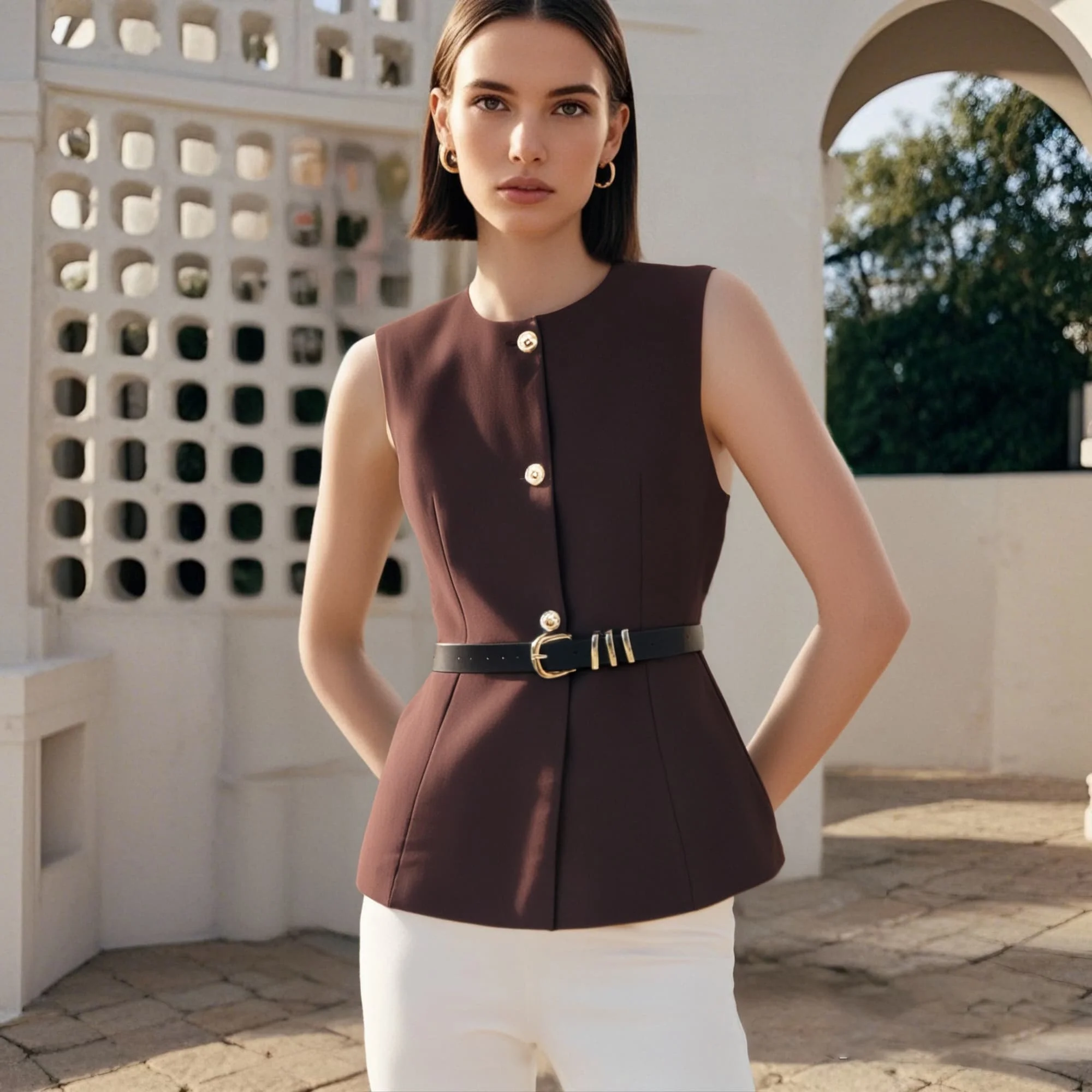 

Women's Sleeveless Round - neck Button - front Blouse with Belted Waist for a Chic and Stylish Appearance